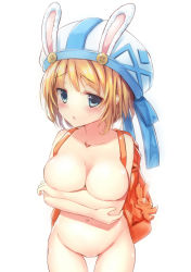 Rule 34 | 1girl, :o, animal ears, backpack, bag, blonde hair, blue eyes, blush, breasts, covering privates, covering breasts, cowboy shot, embarrassed, groin, hat, large breasts, looking at viewer, nude, open mouth, parted lips, paula (sennen sensou aigis), rabbit ears, sa ka, sennen sensou aigis, short hair, simple background, solo, standing, white background