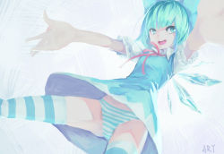Rule 34 | 1girl, airrabbityan, aqua hair, blue eyes, blue hair, cirno, dress, highres, ice, ice wings, multicolored hair, open mouth, outstretched arms, panties, pinafore dress, short hair, signature, sleeveless, sleeveless dress, smile, solo, spread arms, striped clothes, striped panties, striped thighhighs, thighhighs, touhou, underwear, upskirt, wings