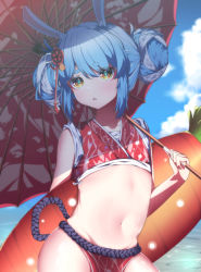 Rule 34 | 1girl, alternate hairstyle, amadeus (amadeus0903), animal ear fluff, animal ears, beach, blue hair, blue sky, blush, collarbone, contrapposto, cowboy shot, day, double bun, groin, hair bun, hair ornament, highres, hikimayu, holding, holding umbrella, hololive, japanese clothes, loincloth, long hair, looking at viewer, midriff, multicolored hair, navel, oil-paper umbrella, open mouth, orange eyes, parasol, pelvic curtain, rabbit-shaped pupils, rabbit ears, rabbit girl, short eyebrows, sky, sleeves rolled up, solo, stomach, summer, surprised, symbol-shaped pupils, tropical, two-tone hair, umbrella, usada pekora, usada pekora (new year), virtual youtuber