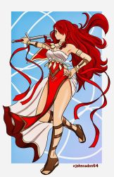 Rule 34 | 1girl, alternate costume, arm strap, armor, bracelet, choker, cosplay, dancer, dancer (fire emblem: three houses), dress, fire emblem, fire emblem: three houses, gladiator sandals, hair over eyes, highres, holding, holding sword, holding weapon, jewelry, johncaden, kirijou mitsuru, mashup, nintendo, one eye covered, pelvic curtain, persona, persona 3, persona 4: the ultimate in mayonaka arena, red eyes, red hair, sandals, shoulder armor, single bare shoulder, solo, sword, thighs, twitter username, weapon