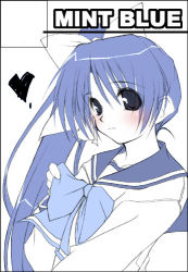 Rule 34 | 00s, 1girl, blue bow, blue bowtie, blue hair, blue theme, blush, bow, bowtie, c68, circle cut, comiket 68, eyes visible through hair, from side, heart, itou noemi, long hair, lowres, monochrome, moyuru, school uniform, serafuku, side ponytail, simple background, solo, very long hair, with you