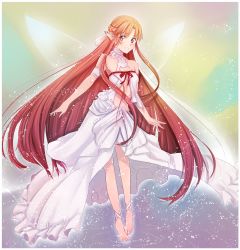 Rule 34 | 10s, 1girl, alternate costume, anklet, asuna (sao), barefoot, blush, breasts, brown eyes, brown hair, cleavage, dress, ear covers, fairy wings, frills, full body, highres, jewelry, long hair, long legs, pointy ears, smile, solo, sword art online, titania (sao), tusia, very long hair, wings