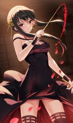 Rule 34 | 1girl, black dress, black hair, black thighhighs, blood, blush, breasts, closed mouth, commentary request, cowboy shot, dress, dual wielding, floating hair, flower, gold hairband, hair flower, hair ornament, hairband, highres, holding, large breasts, long hair, looking at viewer, petals, red eyes, rose, rose petals, rosuuri, sidelocks, solo, spy x family, thighhighs, two-sided dress, two-sided fabric, watermark, web address, yor briar, zettai ryouiki