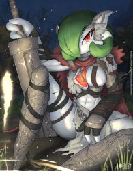 Rule 34 | 1girl, abs, alternate costume, arm up, armor, artist name, black gloves, bob cut, breasts, cape, chain, closed mouth, clothed pokemon, colored skin, creatures (company), elden ring, female focus, full body, game freak, gardevoir, gen 3 pokemon, gloves, grass, green hair, hair over one eye, half-closed eyes, highres, holding, holding sword, holding weapon, knee up, light particles, loincloth, looking at viewer, medium breasts, midriff, navel, night, nintendo, one eye covered, outdoors, partially fingerless gloves, patreon logo, patreon username, planted, planted sword, planted weapon, pokemon, red cape, red eyes, rilex lenov, scar, scar across eye, scar on face, shin guards, short hair, shoulder armor, single glove, site of grace, sitting, skindentation, solo, spread legs, sword, thigh strap, toned, watermark, weapon, web address, white skin