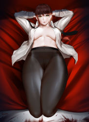 Rule 34 | 1girl, arms behind head, bed, black necktie, blood, blood splatter, blood stain, breasts, breasts apart, chainsaw man, easonx, highres, lying, makima (chainsaw man), navel, necktie, panties, pantyhose, parted lips, red sheet, see-through, shirt, solo, stomach, teeth, thighs, underwear, white shirt, yellow eyes