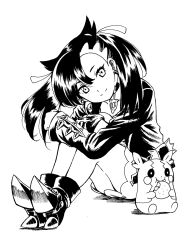 Rule 34 | 1girl, asymmetrical bangs, black choker, black footwear, black hair, black jacket, boots, choker, closed mouth, commentary request, creatures (company), dress, eating, emapippi, food, full body, game freak, gen 8 pokemon, greyscale, highres, holding, holding food, jacket, looking at viewer, marnie (pokemon), monochrome, morpeko, morpeko (full), nintendo, open clothes, open jacket, pokemon, pokemon (creature), pokemon swsh, simple background, sitting, sleeves past wrists, smile, unfinished, white background