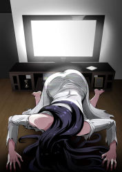Rule 34 | 1girl, all fours, ass, bent over, colored skin, covering face, dress, floor, ghost, greco roman (spiral brain), hair over eyes, highres, long hair, monster girl, pale skin, television, the ring, through medium, through screen, top-down bottom-up, very long hair, white dress, white skin, wooden floor, yamamura sadako