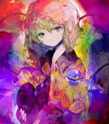Rule 34 | 1girl, abstract background, bow, colorful, eyeball, green eyes, hat, hat bow, hat ribbon, head tilt, heart, heart of string, holding, holding clothes, holding hat, komeiji koishi, long sleeves, looking at viewer, open clothes, open shirt, psychedelic, ribbon, shirt, short hair, silver hair, solo, string, third eye, touhou, tsukamoto anabone, unworn hat, unworn headwear, wide sleeves