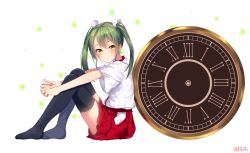 Rule 34 | 10s, 1girl, absurdres, artist name, bad id, bad pixiv id, black thighhighs, clock, closed mouth, full body, green hair, hair ribbon, highres, hip vent, jewelry, kantai collection, knees up, miyakura shiiha, red skirt, ribbon, ring, roman numeral, shirt, shirt tucked in, short hair, short sleeves, simple background, skirt, smile, solo, thighhighs, twintails, white background, white ribbon, white shirt, yellow eyes, zettai ryouiki, zuikaku (kancolle)