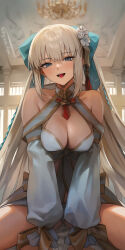 Rule 34 | 1girl, absurdres, bare shoulders, bikini, blue eyes, blue hair, blush, braid, breasts, cleavage, detached sleeves, fate/grand order, fate (series), flower, french braid, gold trim, hair flower, hair ornament, hair ribbon, highres, kiya hajime, large breasts, long hair, long skirt, long sleeves, looking at viewer, morgan le fay (fate), morgan le fay (water princess) (fate), open mouth, ponytail, puffy long sleeves, puffy sleeves, ribbon, sidelocks, skirt, smile, solo, swimsuit, thighs, twin braids, very long hair, white bikini, white hair, white skirt