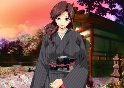 Rule 34 | 1girl, breasts, brown hair, covered erect nipples, evening, highres, japanese clothes, kimono, large breasts, light smile, long hair, looking at viewer, obi, original, outdoors, parted lips, red eyes, sash, saya products, sky, smile, solo, standing, tree, upper body
