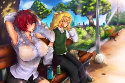 Rule 34 | 1boy, 3girls, absurdres, ball, bench, blonde hair, blue eyes, blush, breasts, can, cleavage, cloud, cloudy sky, day, denizen tomo, glint, green eyes, highres, huge breasts, multiple girls, on bench, one eye closed, original, red hair, scenery, self-upload, sitting, sky, sweat, sweater vest, tree, volleyball (object), wet, wet clothes