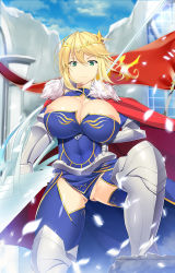 Rule 34 | 1girl, areola slip, armor, artoria pendragon (fate), artoria pendragon (lancer) (fate), blonde hair, blue panties, braid, breasts, cameltoe, cape, cleavage, cleavage cutout, clothing cutout, cloud, covered navel, crown, day, detached sleeves, fate/grand order, fate (series), flag, french braid, fur cape, gauntlets, gluteal fold, greaves, green eyes, hand on own hip, highres, homu (seven deadly sins), huge breasts, lance, panties, partially visible vulva, polearm, red cape, rhongomyniad (fate), short hair, sky, solo, underwear, weapon