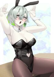 Rule 34 | 1girl, absurdres, animal ears, armpits, arms up, bare shoulders, black leotard, blush, breasts, cleavage, clothing cutout, cotan (actancyaga), diabellstar the black witch, duel monster, fake animal ears, fishnet pantyhose, fishnets, green hair, grey eyes, grey hair, heart cutout, highres, large breasts, leotard, multicolored hair, navel cutout, on table, pale skin, pantyhose, playboy bunny, rabbit ears, short hair, sitting, solo, strapless, strapless leotard, streaked hair, table, two-tone hair, wrist cuffs, yu-gi-oh!