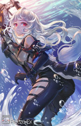 Rule 34 | 1girl, arknights, artist name, bare shoulders, black gloves, black pants, bracelet, breasts, bubble, clothing cutout, commentary, detached sleeves, freeze-ex, gloves, jewelry, long hair, looking at viewer, looking back, low-tied long hair, medium breasts, no headwear, pants, parted lips, red eyes, silver hair, skadi (arknights), solo, sword, thigh cutout, two-handed sword, very long hair, weapon