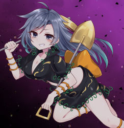 Rule 34 | 1girl, absurdres, black shirt, black skirt, bow, breasts, cleavage, gradient background, grey eyes, grey hair, grin, highres, himemushi momoyo, holding, holding pickaxe, holding shovel, long hair, looking at viewer, medium breasts, orange bow, pickaxe, purple background, shirt, shovel, skirt, smile, solo, subaru (subachoco), touhou