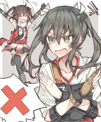 Rule 34 | 10s, 2girls, ^ ^, armpits, arms up, blush, brown hair, commentary, closed eyes, grey eyes, grey hair, hair ornament, hair rings, hairclip, kantai collection, kvlen, long hair, multiple girls, muneate, night battle idiot, open mouth, sendai (kancolle), skirt, smile, squiggle, twintails, two side up, x arms, zuikaku (kancolle)