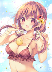 Rule 34 | 1girl, :d, bikini, bird, blue sky, bow, bow bikini, braid, breasts, chick, cleavage, cloud, collarbone, flower, frilled bikini, frilled bikini top, frills, hair flower, hair ornament, hands up, highres, hinako note, holding, holding own hair, long hair, march-bunny, medium breasts, navel, object on breast, open mouth, orange hair, petals, plaid, plaid bikini, red bikini, red eyes, sakuragi hinako, shirt, signature, simple background, sky, smile, solo, swimsuit, twintails, upper body, white shirt