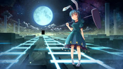 Rule 34 | 1girl, animal ears, aries (constellation), blue dress, blue hair, blush, bobby socks, cancer (constellation), capricorn (constellation), cloud, cloudy sky, constellation, crescent, dress, earclip, endlesscat, full moon, highres, libra (constellation), long hair, looking at viewer, mallet, moon, night, night sky, over shoulder, pisces (constellation), puffy short sleeves, puffy sleeves, rabbit ears, red eyes, scorpius (constellation), seiran (touhou), short sleeves, sky, smile, socks, solo, star (sky), star (symbol), starry sky, touhou, virgo (constellation), weapon, weapon over shoulder, white socks
