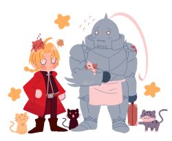 Rule 34 | 2boys, :&lt;, :3, ahoge, alphonse elric, animal, animal on head, animated, animated gif, apron, arm at side, armor, belt, black cat, blonde hair, blush, boots, braid, brothers, cat, cat on head, coat, commentary, edward elric, english commentary, flamel symbol, flying sweatdrops, full armor, full body, fullmetal alchemist, grey cat, holding, holding animal, holding cat, holding suitcase, karlix-the-wiz, looking at another, lowres, male focus, multiple boys, nervous, on head, orange cat, red coat, siblings, simple background, sleeping, squiggle, standing, star (symbol), starry background, suitcase, sweatdrop, too many, too many cats, v-shaped eyebrows, white background, white cat, zzz