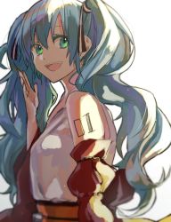 Rule 34 | 1girl, alternate costume, aqua eyes, aqua hair, bare shoulders, detached sleeves, from side, hair between eyes, hair ribbon, hatsune miku, highres, hikari50503, long hair, looking at viewer, low twintails, obi, ribbon, sash, sketch, smile, solo, striped ribbon, tattoo, twintails, vocaloid, white background