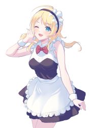 Rule 34 | 1girl, absurdres, alternate costume, apron, blue eyes, bow, bowtie, breasts, enmaided, frilled apron, frills, hachimiya meguru, highres, hoshina hoshimi, idolmaster, idolmaster shiny colors, long hair, low twintails, maid, sleeveless, solo, twintails, wrist cuffs