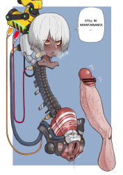 Rule 34 | 1girl, absurdres, android, anus, artificial vagina, blush, clitoris piercing, dark-skinned female, dark skin, disembodied penis, ebonyxh, english text, erection, heavy breathing, highres, mechanical parts, mechanical pussy, open mouth, orange eyes, penis, piercing, punishing: gray raven, pussy, pussy piercing, sex toy, short hair, solo focus, sophia (punishing: gray raven), spine, testicles, white hair