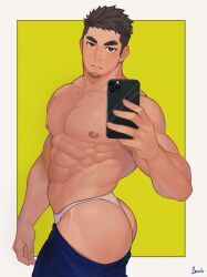 Rule 34 | 1boy, abs, absurdres, ass, bara, beard, blue pants, border, brown hair, cellphone, closed mouth, cowboy shot, expressionless, facial hair, goatee stubble, highres, holding, holding phone, louis tjxx, male focus, muscular, muscular male, nipples, original, pants, pectorals, phone, signature, smartphone, solo, stubble, sweatdrop, white border, yellow background