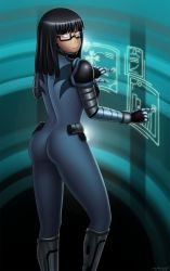 Rule 34 | 1girl, android, ass, black hair, bodysuit, breasts, brown eyes, display, female focus, from behind, glasses, highres, large breasts, long hair, looking at viewer, looking back, mr creeping deth, original, robot, skin tight, solo, standing