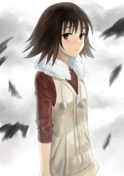 Rule 34 | 1girl, arm at side, bad id, bad pixiv id, black hair, brown eyes, feathers, fur trim, highres, jacket, nonaka haru, reiquant, short hair, simple background, solo, standing, yesterday wo utatte, zipper