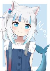 Rule 34 | 1girl, animal ears, arms at sides, blue background, blue dress, blue eyes, blue hair, blunt bangs, blush, border, cat ears, closed mouth, collarbone, commentary, cube hair ornament, dress, fins, fish bone, fish tail, gawr gura, gawr gura (casual), hair ornament, highres, hololive, hololive english, ixia (ixia424), looking at viewer, medium hair, multicolored hair, nyan, official alternate costume, outside border, romaji text, shark tail, shirt, side ponytail, sidelocks, silver hair, sleeveless, sleeveless dress, sleeveless shirt, smile, solo, streaked hair, symbol-only commentary, tail, upper body, virtual youtuber, white border, white shirt
