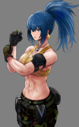 Rule 34 | 1girl, abs, adjusting clothes, adjusting gloves, bare shoulders, blue eyes, blue hair, dog tags, earrings, gloves, grey background, highres, jewelry, leona heidern, ponytail, shorts, tank top, the king of fighters, the king of fighters xiv, the king of fighters xv, tomtom h1, yellow tank top