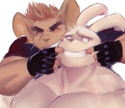 Rule 34 | 2boys, bara, blank eyes, borrowed character, clothed male nude male, couple, ep06, forced smile, furrowed brow, furry, furry male, furry with furry, huge eyebrows, human (uleez), large pectorals, male focus, mouse boy, multiple boys, muscular, muscular male, nude, original, pectorals, rabbit boy, rabbit boy (uleez), short hair, smile, upper body, yaoi