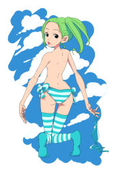 Rule 34 | green hair, original, panties, ponytail, solo, striped clothes, striped panties, swimsuit, thighhighs, underwear, yupii