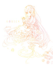 Rule 34 | 1girl, cathy inaba, dress, female focus, frills, gosick, gown, lolita fashion, long hair, monochrome, smoking pipe, solo, victorica de blois, white background