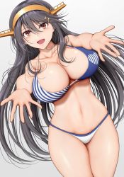Rule 34 | 1girl, bell, bikini, black hair, blue bikini, breasts, collarbone, cowbell, gradient background, grey background, hair between eyes, hair ornament, hairband, hairclip, hamaguri (hamaguri1234), haruna (kancolle), highres, kantai collection, large breasts, long hair, navel, open mouth, outstretched arms, smile, solo, spread arms, swimsuit, white bikini, yellow eyes