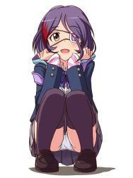 Rule 34 | 1girl, black jacket, black thighhighs, blue bow, blue bowtie, bow, bowtie, brown eyes, brown footwear, commentary, crotch seam, dress shirt, eyepatch, fang, full body, grey skirt, hayasaka mirei, head rest, heart, heart eyepatch, hood, hood down, idolmaster, idolmaster cinderella girls, idolmaster cinderella girls starlight stage, jacket, lielos, loafers, long sleeves, looking at viewer, miniskirt, multicolored hair, open mouth, panties, pantyshot, pleated skirt, purple hair, shadow, shirt, shoes, short hair, simple background, skirt, smile, solo, squatting, streaked hair, swept bangs, thighhighs, underwear, white background, white panties, white shirt, wing collar
