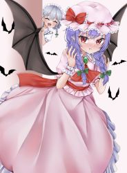 Rule 34 | 2girls, alternate hairstyle, ascot, bat (animal), bat wings, blood, blush, bow, brooch, closed eyes, commentary request, dress, drooling, frilled dress, frilled hat, frills, gem, green gemstone, hair ribbon, hat, hat bow, hat ribbon, highres, jewelry, looking at viewer, maid, maid headdress, mob cap, multiple girls, nosebleed, open mouth, peeking, pink dress, pointy ears, pout, puffy short sleeves, puffy sleeves, purple hair, red ascot, red bow, red eyes, red sash, remilia scarlet, remitei03, ribbon, sash, short sleeves, silver hair, touhou, tress ribbon, twintails, upper body, wings, wrist cuffs