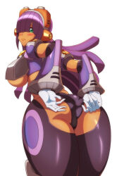 Rule 34 | 1girl, absurdres, adjusting clothes, adjusting panties, android, armor, ass, blush, bodysuit, breasts, closed mouth, commentary, dark-skinned female, dark skin, gloves, goggles, goggles on head, green eyes, hair over one eye, highres, joints, kotatuman dash, large breasts, layer (mega man), lips, long hair, looking at viewer, looking back, mega man (series), mega man x8, mega man x (series), mole, mole under eye, panties, purple hair, robot joints, skin tight, underwear, white background
