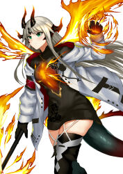 Rule 34 | 1girl, absurdres, arknights, black sweater, black thighhighs, boots, dragon girl, dragon horns, dragon tail, fire, grey hair, highres, horns, jacket, lance, molyb, polearm, reed (arknights), simple background, solo, sweater, tail, thighhighs, weapon, white background, white jacket