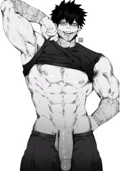 Rule 34 | 1boy, armpits, barayot, boku no hero academia, clothes lift, dabi (boku no hero academia), ear piercing, greyscale, highres, large penis, male focus, monochrome, muscular, muscular male, nipple piercing, nipples, pectorals, penis, piercing, shirt lift, short sleeves, solo, stitches, sweat, testicles, tongue, tongue out, tongue piercing