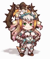 Rule 34 | 1girl, armor, bad id, bad pixiv id, blonde hair, chibi, double bun, flower, full body, gradient hair, green eyes, hair bun, hair flower, hair ornament, hands on own hips, headpiece, highres, hololive, long hair, miloku, momosuzu nene, monster hunter (series), monster hunter rise, multicolored hair, pink hair, simple background, solo, spiked armor, two side up, virtual youtuber, white background