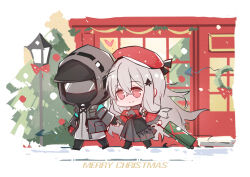 Rule 34 | 1girl, 1other, absurdres, arknights, beret, black footwear, black jacket, boots, building, chibi, chinese commentary, christmas, christmas tree, commentary request, couple, daier, dress, english text, fish hair ornament, full body, grey dress, grey hair, hair ornament, hat, highres, holding, holding hands, holding suitcase, hood, hooded jacket, jacket, long hair, looking at another, mask, ornament, red eyes, red headwear, red shawl, shawl, simple background, skadi (arknights), smile, snow, suitcase, white background, wreath