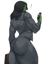 Rule 34 | 1girl, absurdres, ass, breasts, cellphone, colored skin, formal, green hair, green skin, green theme, highres, huge ass, jennifer walters, lips, long hair, marvel, medium breasts, musctonk, open mouth, phone, she-hulk, simple background, solo, suit, thick thighs, thighs, white background, wide hips