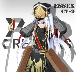 Rule 34 | 1girl, altair (re:creators), altair (re:creators) (cosplay), character name, commentary request, cosplay, essex (warship girls r), gloves, hat, highres, long hair, look-alike, military, military uniform, re:creators, red eyes, sword, uniform, very long hair, warship girls r, weapon, white hair, yilei
