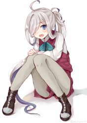 Rule 34 | 10s, 1girl, ahoge, alternate eye color, asashimo (kancolle), blouse, blue eyes, boots, bow, bowtie, chiune (yachi), cross-laced footwear, dress, fang, grey pantyhose, hair over one eye, kantai collection, knee boots, knees together feet apart, lace-up boots, long hair, long sleeves, looking at viewer, multicolored hair, open mouth, pantyhose, ponytail, purple hair, school uniform, shirt, silver hair, sitting, skirt, sleeveless, sleeveless dress, smile, solo, teeth, twitter username, white shirt