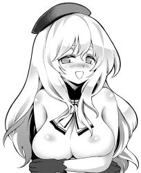 Rule 34 | 10s, 1girl, atago (kancolle), bad id, bad pixiv id, beret, blush, breast hold, breasts, fuantei, gloves, greyscale, hat, kantai collection, large breasts, long hair, monochrome, monochrome, open mouth, smile, solo, topless