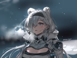 Rule 34 | 1girl, arknights, aurora (arknights), black hairband, blue eyes, breasts, cleavage, cleavage cutout, clothing cutout, extra ears, hair ornament, hair over one eye, hairband, hairclip, highres, jacket, large breasts, long hair, long sleeves, night, night sky, outdoors, parted lips, sky, solo, twice12314, upper body, white hair, white jacket