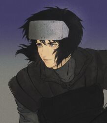 1girl aizheajsee black_hair body_armor bulletproof_vest chinese_commentary closed_mouth commentary_request expressionless film_grain floating_hair ghost_in_the_shell gradient_background grey_eyes hair_between_eyes head-mounted_display highres kusanagi_motoko looking_to_the_side medium_hair solo upper_body