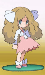 1girl blonde_hair blue_eyes caitlin_(pokemon) chibi closed_mouth creatures_(company) dress full_body game_freak hair_ribbon long_hair long_sleeves looking_at_viewer nintendo parted_lips pink_dress pink_footwear pokemon pokemon_dppt pokemon_platinum ribbon solo tora_(ctiger) white_ribbon